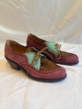 John Fluevog Plum and Teal Suede Brogue Wedges